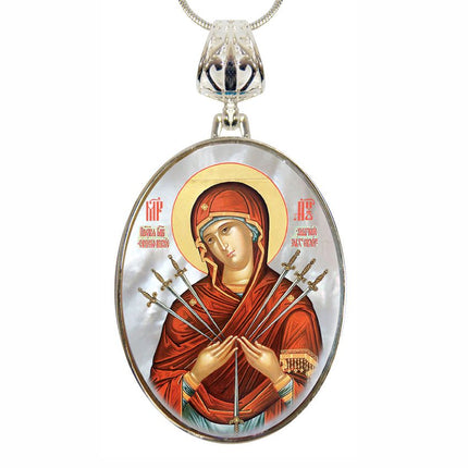 Virgin Mary of The Seven Swords Silver Plated Mother of Pearl Necklace - 43037-0
