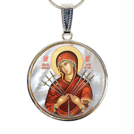 Virgin Mary of The Seven Swords Silver Plated Mother of Pearl Necklace - 43037-1