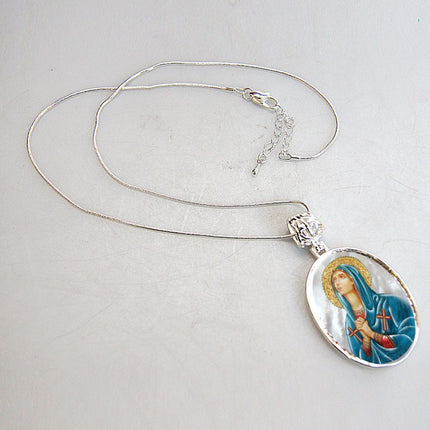 Virgin Mary Praying Silver Plated Mother of Pearl Necklace - 43014-1