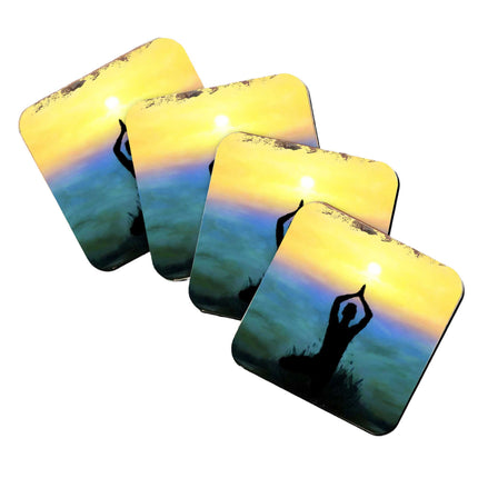 Yoga Wooden Cork Coasters Gift Set of 4 by Nature Wonders - Nature Wildlife Decor  - 95385C-S4-4