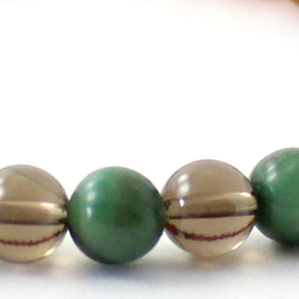 Amber Cognac Brown Raw Stretch Bracelet With Green African Jade and Quartz-2