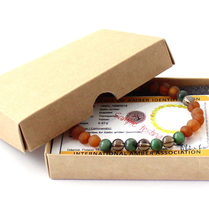 Amber Cognac Brown Raw Stretch Bracelet With Green African Jade and Quartz-1