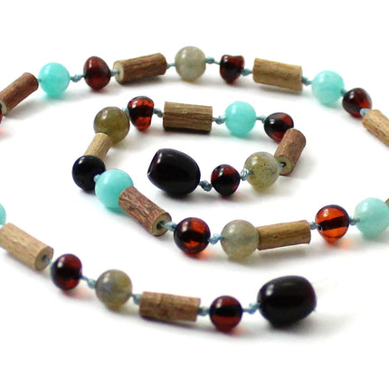 NBBP-H4 Necklace With Labradorite, Amber Cherry, Hazelwood and Amazonite-0