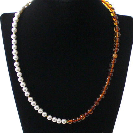 Amber Cognac Beaded Necklace With Golden Silver and Shell Pearls-2