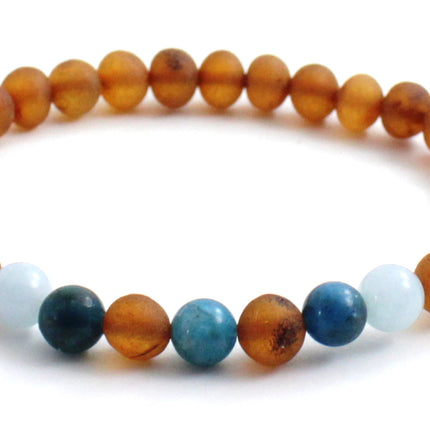 Amber Raw Cognac Baltic Stretch Bracelet With Blue Apatite and Aquamarine-2