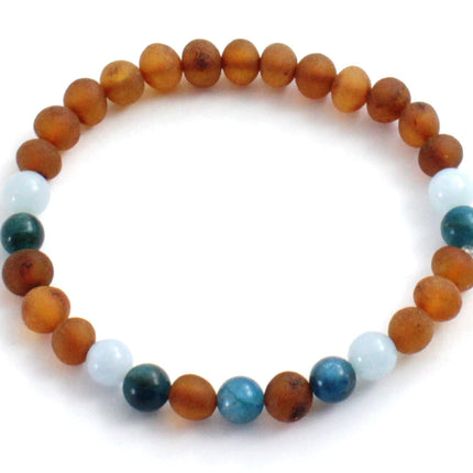 Amber Raw Cognac Baltic Stretch Bracelet With Blue Apatite and Aquamarine-0