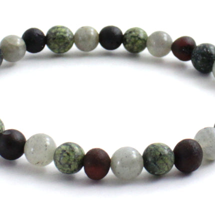 Amber Raw Black Cherry Stretch Bracelet With Gray Labradorite and Green Lace Stone-3