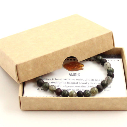 Amber Raw Black Cherry Stretch Bracelet With Gray Labradorite and Green Lace Stone-1