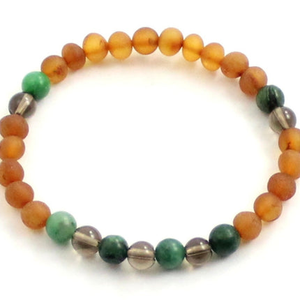 Amber Cognac Brown Raw Stretch Bracelet With Green African Jade and Quartz-0