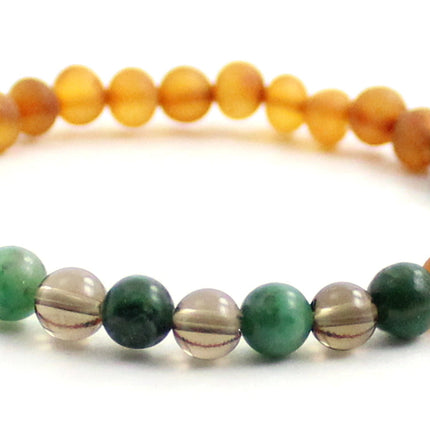 Amber Cognac Brown Raw Stretch Bracelet With Green African Jade and Quartz-3