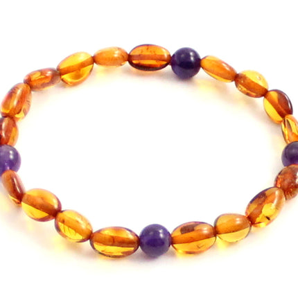 Amber Polished Cognac Bean Stretch Bracelet With Amethyst-0