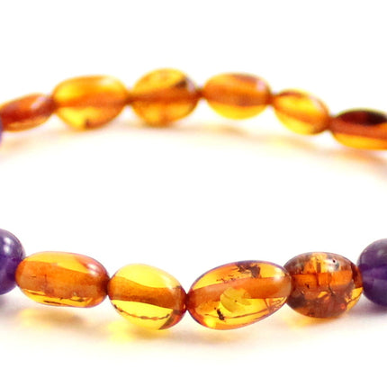Amber Polished Cognac Bean Stretch Bracelet With Amethyst-3