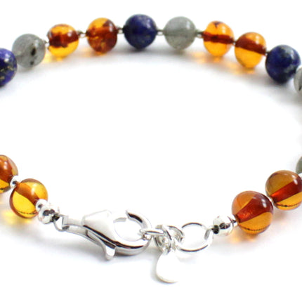 Amber Cognac Bracelet With Silver, Labradorite and Lapis Lazuli-2