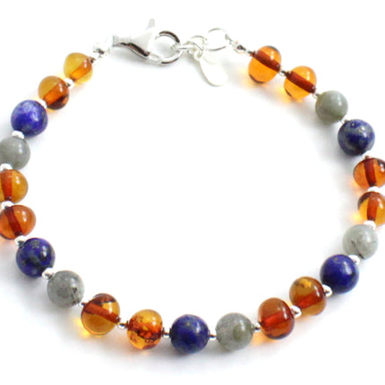 Amber Cognac Bracelet With Silver, Labradorite and Lapis Lazuli-0