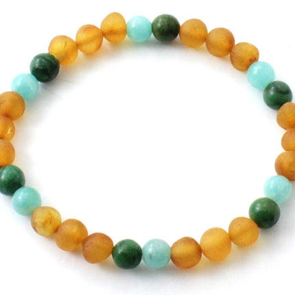 Baltic Amber Raw Honey Stretch Bracelet With Green African Jade and Amazonite-0