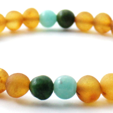 Baltic Amber Raw Honey Stretch Bracelet With Green African Jade and Amazonite-3