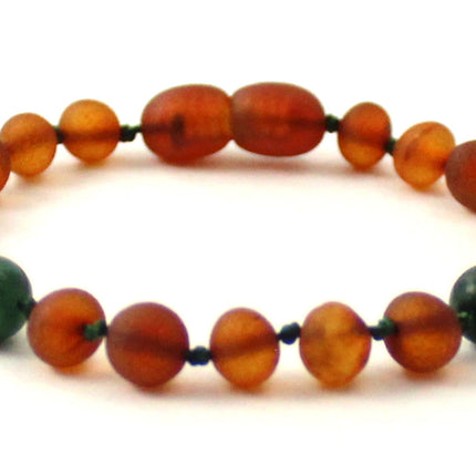 Amber Unpolished Cognac Bracelet With Quartz and Green African Jade-4