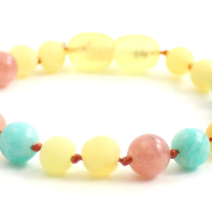 Amber Raw Milky Bracelet With Amazonite and Pink Sunstone-4