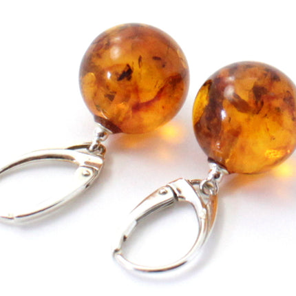 ERP-3D Amber Ball Cognac Earrings With Silver-3