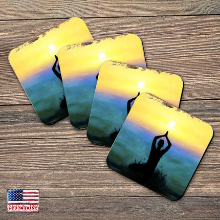 Yoga Wooden Cork Coasters Gift Set of 4 by Nature Wonders - Nature Wildlife Decor  - 95385C-S4-0