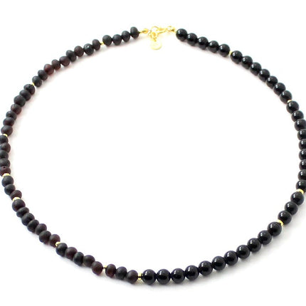 Unpolished Amber Black Necklace With Golden Silver and Obsidian-0