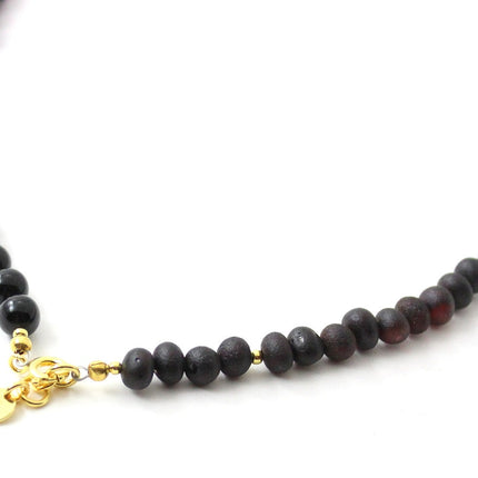 Unpolished Amber Black Necklace With Golden Silver and Obsidian-3