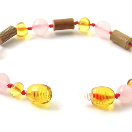 Honey Amber Bracelet with Hazelwood and Rose Quartz-3