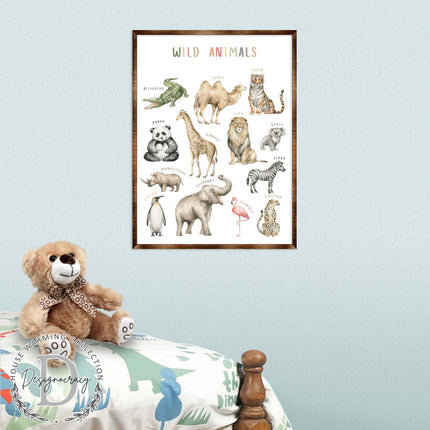 Wild Animals Kids Room Decor - Montessori Wooden Poster - Homeschool I Educational Poster - Classroom Decor - Playroom Art - 310219-0
