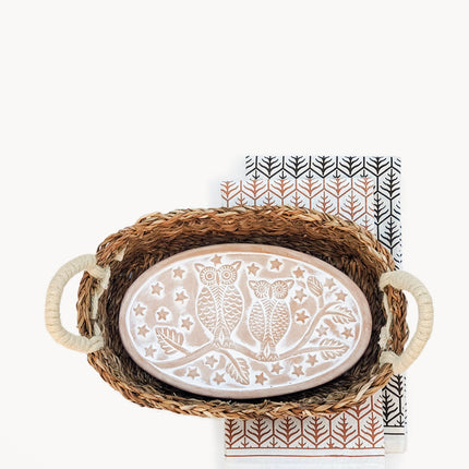 Bread Warmer & Basket Gift Set with Tea Towel - Owl Oval-0