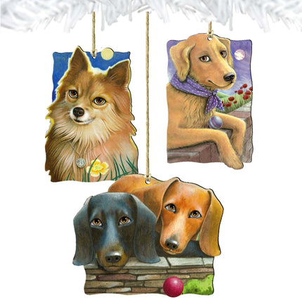 Doggie Companions Wooden Ornaments Set of 3 by Laura Seeley - Pets Dog and Cats Decor - 8100092S3-LS-1