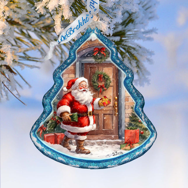 Santa Knocking at the Door Tree Glass Ornament by G. Debrekht - Christmas Santa Snowman Decor - 762-030-0