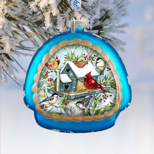 Mercury Glass Birdhouse - Winter Cardinals - Christmas Tree Decor by Susan Winget - Welcome Winter - Handmade Gift - Handblown Glass - 756-115-SW-0