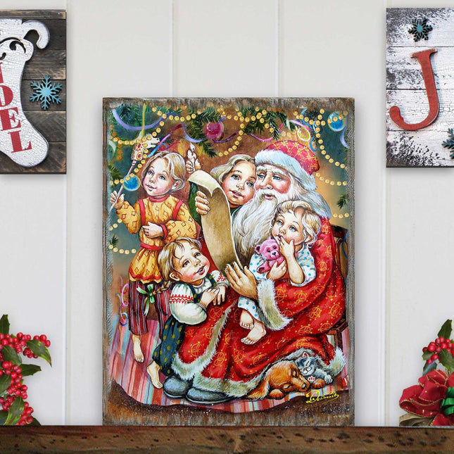 Wish List Santa Wooden Wall Art by G. DeBrekht - Christmas Santa Snowman Decor - 81291311B-0