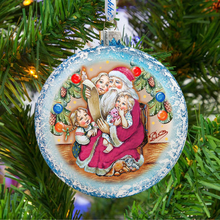 Santa List Circle Glass Ornament by G. DeBrekht - Christmas Santa Snowman Decor - 744-011-2