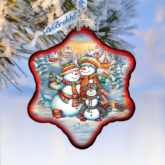 Cheerful Snowmen Snowflake Glass Ornament by G. Debrekht - Christmas Santa Snowman Decor - 754-046-0