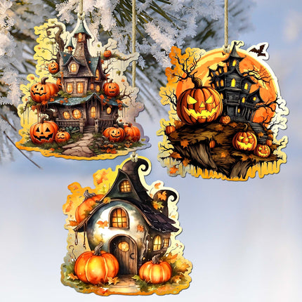 Spooky Houses Decorative Wooden Ornaments of 3 by G. Debrekht - Halloween Decor - 8091007-S3-0