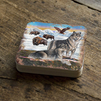Winter Wolves Wooden Cork Coasters Gift Set of 4 by Nature Wonders - Nature Wildlife Decor  - 95222C-S4-1