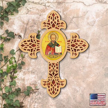 Saint Nicholas Pointy Wooden Cross by Museum Icons - Inspirational Icon Decor - 88321-2