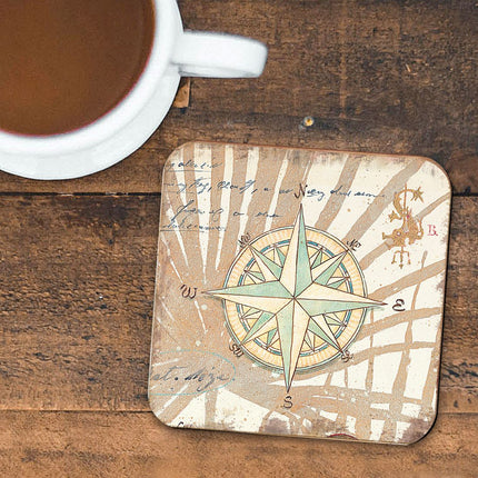 Compass Coastal Wooden Cork Coasters Gift Set of 4 by Nature Wonders - Coastal Sea-Life Decor - 8198620C-S4-1