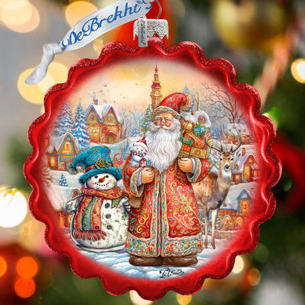 Merry Christmas Wreath Glass Ornament by G. Debrekht - Christmas Santa Snowman Decor - 759-058-0