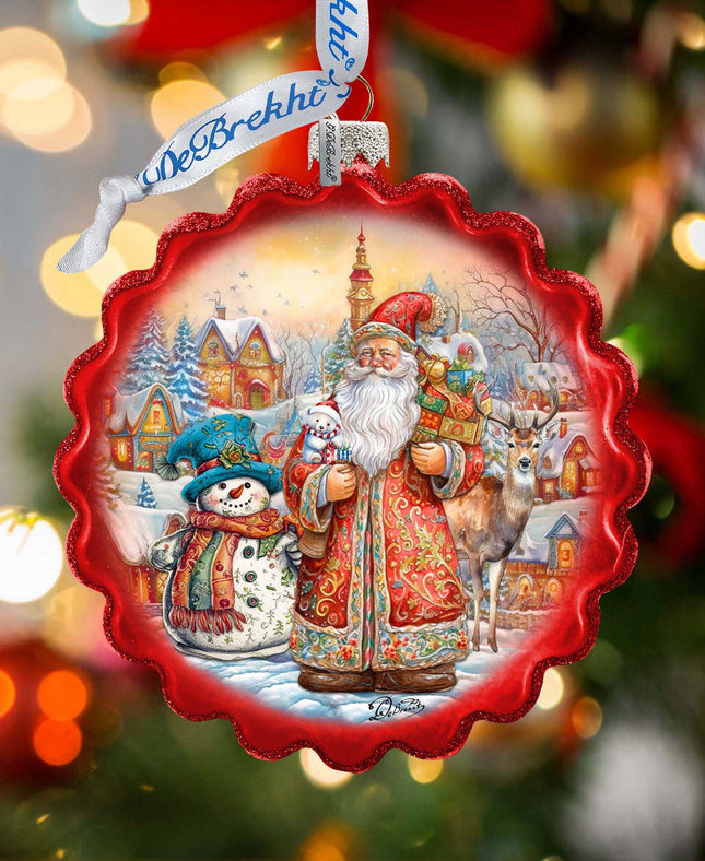 Merry Christmas Wreath Glass Ornament by G. Debrekht - Christmas Santa Snowman Decor - 759-058-0