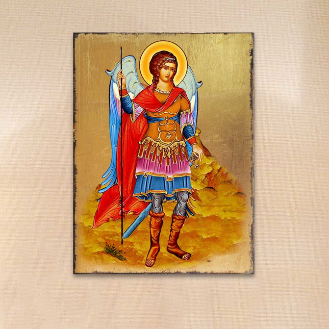 Saint Michael the Archangel Wooden Gold Plated Religious Christian Sacred Icon - Inspirational Icon Decor - 85022-0