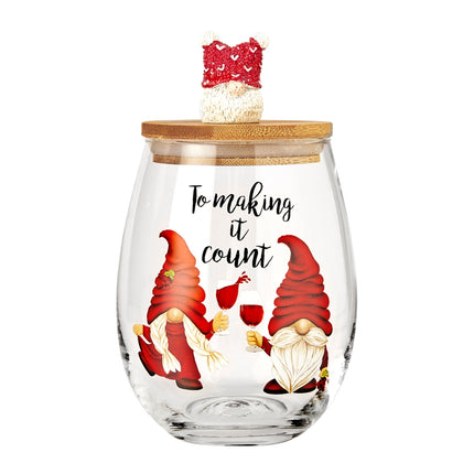 Christmas Gnome Wine & Water Glasses With Dwarf Wood Cover - Set of 2-17.5oz - Santa Holiday Festive Gnomes Stemless Clear Wine Glass For Red Or White Wine - Wines Glass for Women Friends Men Sister-4