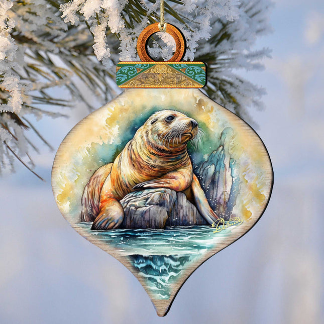 Coastal Sea Lion Wooden Ornaments by G.Debrekht - Wildlife Holiday Decor - 8710126-0
