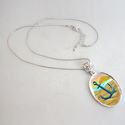 Anchor Silver-Plated Mother of Pearl Jewelry Pendant Necklace - 44056-1