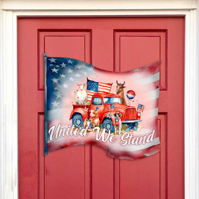 Front door welcome sign American flag United we stand Front porch Patriotic wreath Main entrance banner Welcome sign - Wooden front porch decor - 933106H-0