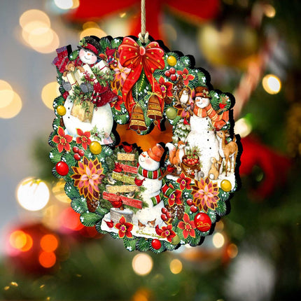 Snowy Christmas Wreath Wooden Ornaments by G DeBrekht and Susan Winget - Santa and Snowman Decor - Item 8185307-4-SW-2