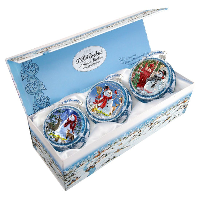 Happy Snowman Glass Ornament Set of 3 by D. Gelsinger - Christmas Santa Snowman Decor - 73743-S3-DG-0