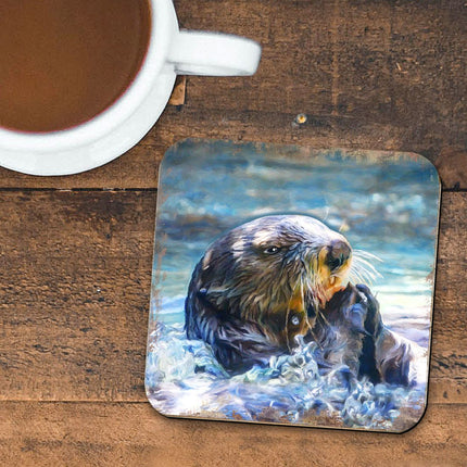 Otter Coastal Wooden Cork Coasters Gift Set of 4 by Nature Wonders - Coastal Sea-Life Decor - 95239C-S4-2