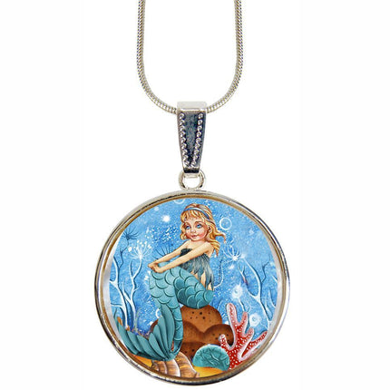 Mermaid Silver Plated Mother of Pearl Jewelry Pendant Necklace - 44042-2